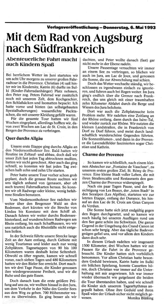 Bericht unserer Radreise von Augsburg nach Südfrankreich in der Augsburger Allgemeinen vom 6. Mai 1993